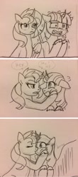 Size: 1024x2337 | Tagged: safe, artist:fallenangel5414, character:sunset shimmer, character:twilight sparkle, character:twilight sparkle (alicorn), species:alicorn, species:pony, ship:sunsetsparkle, comic, cute, eyes closed, female, kissing, lesbian, looking at each other, nervous, shipping, surprise kiss, traditional art, twiabetes