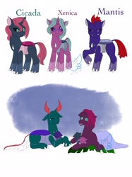 Size: 1536x2049 | Tagged: safe, artist:fallenangel5414, character:fizzlepop berrytwist, character:pharynx, character:prince pharynx, character:tempest shadow, oc, oc:cicada, oc:mantis, oc:xenica, parent:pharynx, parent:tempest shadow, parents:tempynx, species:changeling, species:changepony, species:pony, species:reformed changeling, species:unicorn, crack shipping, crying, eyes closed, female, interspecies, interspecies offspring, mare, next generation, offspring, shipping, simple background, tears of joy, tempynx, white background