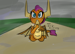Size: 1400x1000 | Tagged: safe, artist:zouyugi, character:smolder, species:dragon, dragoness, female, lonely, rain, sad
