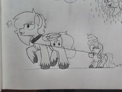 Size: 2576x1932 | Tagged: safe, artist:drheartdoodles, character:fluttershy, oc, oc:dr.heart, species:pegasus, species:pony, butterfly, collar, dialogue, leash, lined paper, pet play, size difference, traditional art, unshorn fetlocks