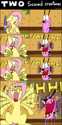 Size: 1000x2000 | Tagged: safe, artist:zouyugi, character:fluttershy, species:dog, species:pegasus, species:pony, aaaaaaahhhhh, comic, courage the cowardly dog, crossover, eyes closed, female, looking at each other, mare, scared, screaming