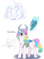 Size: 1280x1707 | Tagged: safe, artist:fallenangel5414, oc, oc:princess cynthia, parent:princess flurry heart, parent:thorax, parents:flurrax, species:changeling, species:changepony, species:pony, species:reformed changeling, bio in description, changedling oc, changeling oc, dialogue, female, filly, hybrid, interspecies offspring, mare, offspring, signature, simple background, solo, white background