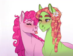 Size: 1280x983 | Tagged: safe, artist:cascayd, character:pinkie pie, character:tree hugger, blushing, female, flower, flower in hair, lesbian, long mane, pinkiehugger, shipping, tongue out