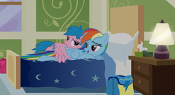 Size: 11000x6000 | Tagged: safe, artist:mundschenk85, character:firefly, character:rainbow dash, species:pegasus, species:pony, ship:dashfly, g1, absurd resolution, backpack, bed, female, lamp, lesbian, mare, open mouth, pillow, shipping, smiling