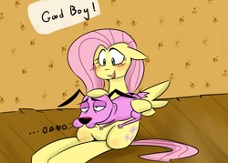 Size: 1400x1000 | Tagged: safe, artist:zouyugi, character:fluttershy, species:pegasus, species:pony, blushing, courage the cowardly dog, crossover, female, good boy, mare, petting, wood