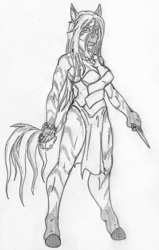 Size: 1366x2144 | Tagged: safe, artist:siegfriednox, oc, oc:pythia, species:anthro, species:unguligrade anthro, species:zebra, fallout equestria, fallout equestria: project horizons, clothing, fanfic art, grayscale, knife, long mane, monochrome, shaman, traditional art, witch