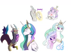 Size: 1600x1200 | Tagged: safe, artist:fallenangel5414, character:discord, character:princess celestia, character:screwball, species:alicorn, species:draconequus, species:pony, ship:dislestia, baby, baby pony, crown, dialogue, female, heart, male, mare, mouth hold, peytral, quadrupedal, regalia, scruff, shipping, simple background, straight, white background