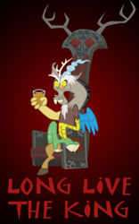 Size: 720x1152 | Tagged: safe, artist:death-driver-5000, character:discord, species:draconequus, crossed legs, discord's throne, drinking glass, gradient background, male, red background, simple background, sitting, the lion king, throne