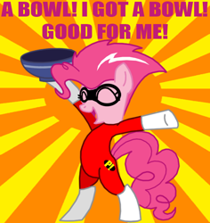 Size: 612x648 | Tagged: safe, artist:death-driver-5000, character:pinkie pie, bipedal, bowl, crossover, freakazoid, hoof hold, pinkazoid, sunburst background