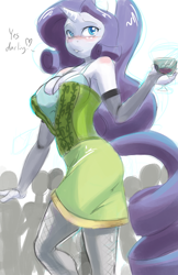 Size: 1242x1920 | Tagged: safe, artist:the-unicorn-lord, character:rarity, species:anthro, species:pony, species:unicorn, alcohol, blushing, breasts, cleavage, clothing, dress, female, solo, stockings, thigh highs