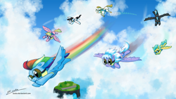Size: 2000x1125 | Tagged: safe, artist:esuka, character:bulk biceps, character:cloudchaser, character:meadow flower, character:rainbow dash, character:starry eyes, character:sunshower raindrops, character:thunderlane, episode:wonderbolts academy, goggles, milky way, roid rage, wonderbolt trainee uniform