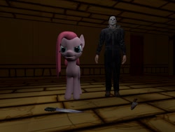 Size: 1024x768 | Tagged: safe, artist:nightmenahalo117, character:pinkamena diane pie, character:pinkie pie, oc, oc:nightmena, 3d, bendy and the ink machine, halloween (movie), michael myers, weapon