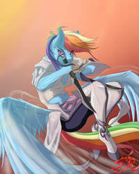 Size: 2400x3000 | Tagged: safe, artist:swiftriff, part of a set, character:rainbow dash, species:anthro, species:pegasus, species:unguligrade anthro, g4, clothing, colored pupils, crossover, dungeon fighter online, eye clipping through hair, eyebrows, eyebrows visible through hair, fantasy class, female, gradient background, looking at you, mare, reference, rogue, solo, sword, three quarter view, video game crossover, weapon