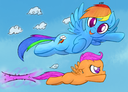 Size: 1928x1389 | Tagged: safe, artist:creamygravy, character:rainbow dash, character:scootaloo, species:pegasus, species:pony, flying, scootaloo can fly, sonic scootaboom