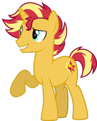 Size: 1589x1991 | Tagged: safe, artist:whalepornoz, character:sunset shimmer, species:pony, species:unicorn, grin, male, my little colt, raised hoof, rule 63, simple background, smiling, solo, stallion, sunset glare, transparent background, vector