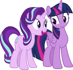 Size: 2000x1896 | Tagged: safe, artist:whalepornoz, character:starlight glimmer, character:twilight sparkle, character:twilight sparkle (alicorn), species:alicorn, species:pony, species:unicorn, episode:it isn't the mane thing about you, g4, my little pony: friendship is magic, .svg available, duo, female, folded wings, horn, looking at each other, mare, open mouth, simple background, smiling, teacher and student, transparent background, vector, wings