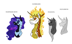 Size: 843x523 | Tagged: safe, artist:phobicalbino, character:daybreaker, character:nightmare moon, character:nightmare twilight sparkle, character:princess cadance, character:princess celestia, character:princess luna, character:twilight sparkle, oc, oc:equilibrium, oc:stagnatia, species:dragon, armor, bust, dragonified, ethereal mane, galaxy mane, mane of fire, nightmare cadance, nightmare night, nightmarified, portrait, simple background, species swap, white background