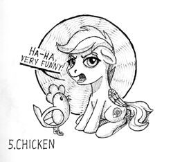 Size: 1200x1121 | Tagged: safe, artist:sa1ntmax, character:scootaloo, species:bird, species:chicken, species:pegasus, species:pony, inktober, abuse, female, filly, hen, inktober 2018, lineart, scootabuse, scootachicken, scootaloo is not a chicken, scootaloo is not amused, simple background, solo, traditional art, unamused