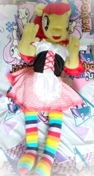 Size: 706x1320 | Tagged: safe, artist:liggliluff, artist:redness, character:apple bloom, species:anthro, bed, clothing, costume, dress, irl, life size, little red riding hood, photo, plushie, rainbow socks, socks, striped socks