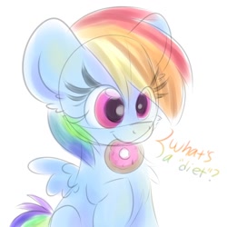 Size: 1000x1000 | Tagged: safe, artist:littleblackraencloud, character:rainbow dash, species:pegasus, species:pony, cute, dashabetes, dialogue, diet, donut, female, food, mouth hold, simple background, solo, white background