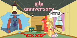 Size: 1972x985 | Tagged: safe, artist:planetkiller, derpibooru original, character:apple bloom, character:applejack, character:big mcintosh, character:lord tirek, character:scootaloo, character:sweetie belle, species:pegasus, species:pony, 35th anniversary, broken jar, broken wall, clubhouse, crossover, crusaders clubhouse, food, happy birthday mlp:fim, jam, lamp, pacifier, podium, scared, table, text, the simpsons, treehouse of horror, window