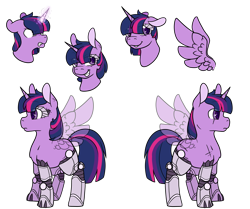 Size: 4097x3425 | Tagged: safe, artist:cloureed, character:twilight sparkle, character:twilight sparkle (alicorn), species:alicorn, species:pony, amputee, bust, commander twilight, cyborg, eye scar, fanfic art, glowing horn, implants, prosthetic leg, prosthetic limb, prosthetics, quadruple amputee, reference sheet, scar, scarred, simple background, transparent background, transparent wings