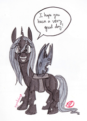 Size: 580x800 | Tagged: safe, artist:ryuredwings, character:queen chrysalis, species:changeling, changeling queen, cute, cutealis, dialogue, female, filly, filly queen chrysalis, looking at you, nymph, positive message, signature, simple background, solo, white background, younger