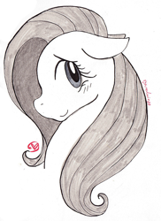 Size: 582x800 | Tagged: safe, artist:ryuredwings, character:fluttershy, species:pony, inktober, bust, female, floppy ears, inktober 2018, looking at you, looking sideways, mare, portrait, profile, simple background, smiling, solo, traditional art, white background