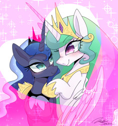 Size: 1170x1245 | Tagged: safe, artist:bbtasu, character:princess celestia, character:princess luna, species:alicorn, species:pony, blushing, crown, duo, female, heart, hug, jewelry, looking at each other, mare, regalia, royal sisters, siblings, sisterly love, sisters, sparkles