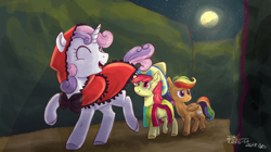 Size: 1024x575 | Tagged: safe, artist:laps-sp, character:apple bloom, character:scootaloo, character:sweetie belle, species:pegasus, species:pony, clothing, costume, cutie mark crusaders, little red riding hood, maze, nightmare night costume, rainbow wig, sombrero