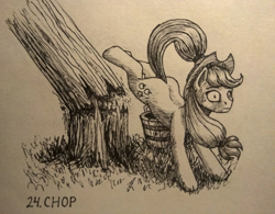 Size: 1200x936 | Tagged: safe, artist:sa1ntmax, character:applejack, species:pony, inktober, accident, applebucking, basket, broken, clothing, cowboy hat, female, freckles, hat, monochrome, oops, silly, silly pony, sketch, solo, stetson, strong, traditional art, tree, who's a silly pony
