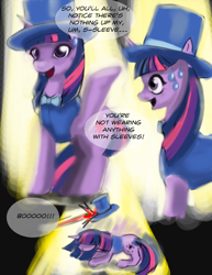 Size: 900x1165 | Tagged: safe, artist:gunslingerpen, character:twilight sparkle, character:twilight sparkle (unicorn), species:pony, species:unicorn, comic:showmareship, g4, clothing, comic, female, hat, mare, photoshop, solo, stage, top hat