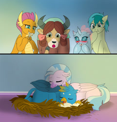 Size: 1964x2046 | Tagged: safe, artist:fallenangel5414, character:gallus, character:ocellus, character:sandbar, character:silverstream, character:smolder, character:yona, species:changeling, species:dragon, species:earth pony, species:griffon, species:hippogriff, species:pony, species:reformed changeling, species:yak, ship:gallstream, blushing, comic, cute, description is relevant, diaocelles, diastreamies, digital art, dragoness, female, gallabetes, male, nest, sandabetes, scrunchy face, shipping, shocked, sleeping, smolderbetes, smug, straight, student six, yonadorable