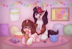 Size: 3382x2320 | Tagged: safe, artist:adostume, oc, oc only, oc:adostume, oc:heinrich hirsch, species:pony, species:unicorn, my little pony: the movie (2017), broken horn, candy, clothing, cute, female, food, glasses, hairbrush, heterochromia, horn, magazine, magazine cover, magic, mare, music, music notes, pillow, popcorn, rule 63, stockings, thigh highs, tongue out