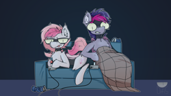 Size: 3840x2160 | Tagged: safe, artist:difis, oc, oc only, oc:candy quartz, oc:retro wave, species:bat pony, species:pony, bat pony oc, blanket, blep, candywave, chest fluff, collar, controller, couch, cute, ear fluff, fangs, female, floppy ears, fluffy, gaming, male, mare, piercing, siblings, silly, simple background, soda can, stallion, tongue out, video game, wing piercing, wings, ych result