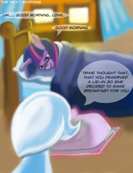 Size: 900x1165 | Tagged: safe, artist:gunslingerpen, character:trixie, character:twilight sparkle, species:pony, species:unicorn, comic:showmareship, ship:twixie, g4, bed, comic, female, lesbian, mare, morning, photoshop, shipping