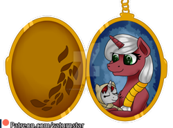 Size: 1024x759 | Tagged: safe, artist:spokenmind93, patreon reward, oc, oc:ruby heart, engraved cutiemark, female, foal, jewelry, medallion, mother and daughter, obtrusive watermark, patreon, patreon logo, pendant, ponytail, simple background, transparent background, watermark