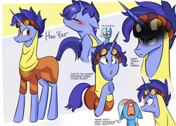 Size: 1400x1000 | Tagged: safe, artist:zouyugi, character:hoo'far, character:trixie, species:pony, species:unicorn, ship:trixfar, episode:on the road to friendship, g4, blushing, dialogue, female, male, mare, shipping, stallion, straight, text