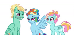Size: 1600x761 | Tagged: safe, artist:cascayd, character:rainbow dash, character:zephyr breeze, oc, oc:crosswind, parent:rainbow dash, parent:zephyr breeze, parents:zephdash, alternate hairstyle, cute, female, male, offspring, one eye closed, rainbow dash always dresses in style, rainbow dash is not amused, shipping, simple background, smiling, straight, trio, unamused, white background, wink, zephdash