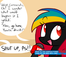 Size: 640x555 | Tagged: safe, artist:marytheechidna, oc, oc:playstation, oc:xbox, species:pony, console ponies, dialogue, microphone, playstation, ponified, xbox one