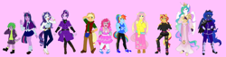 Size: 2964x756 | Tagged: safe, artist:fallenangel5414, character:applejack, character:fluttershy, character:pinkie pie, character:princess celestia, character:princess luna, character:rainbow dash, character:rarity, character:spike, character:starlight glimmer, character:sunset shimmer, character:twilight sparkle, species:alicorn, species:anthro, species:dragon, species:plantigrade anthro, species:pony, bare shoulders, boots, chaps, clothing, coat, dress, female, floppy ears, frilly dress, high heels, jacket, mane seven, mane six, mare, necktie, pantyhose, pink background, pleated skirt, royal sisters, shoes, shorts, simple background, skirt, smiling, sneakers, stockings, sweater, sweatershy, thigh highs, vest