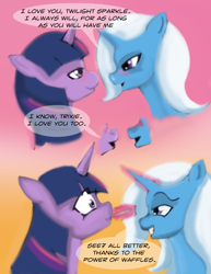 Size: 900x1165 | Tagged: safe, artist:gunslingerpen, character:trixie, character:twilight sparkle, species:pony, species:unicorn, comic:showmareship, ship:twixie, g4, comic, female, food, lesbian, mare, photoshop, shipping, surprised