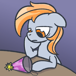 Size: 1280x1280 | Tagged: safe, artist:phat_guy, derpibooru original, oc, oc only, oc:darkest hour, species:earth pony, species:pony, clothing, female, hat, hoof on cheek, mare, party hat, sad, solo, table, vent art