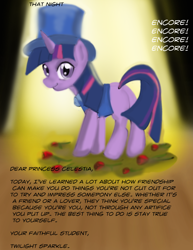 Size: 900x1165 | Tagged: safe, artist:gunslingerpen, character:trixie, character:twilight sparkle, character:twilight sparkle (unicorn), species:pony, species:unicorn, comic:showmareship, ship:twixie, g4, clothing, comic, female, flower, hat, lesbian, mare, missing cutie mark, photoshop, rose, shipping, solo, top hat