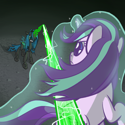 Size: 1280x1280 | Tagged: safe, artist:phat_guy, derpibooru original, character:queen chrysalis, character:starlight glimmer, species:changeling, species:pony, species:unicorn, awesome in hindsight, changeling queen, dodge, female, fight, glowing horn, hilarious in hindsight, levitation, magic, magic blast, mare, self-levitation, telekinesis