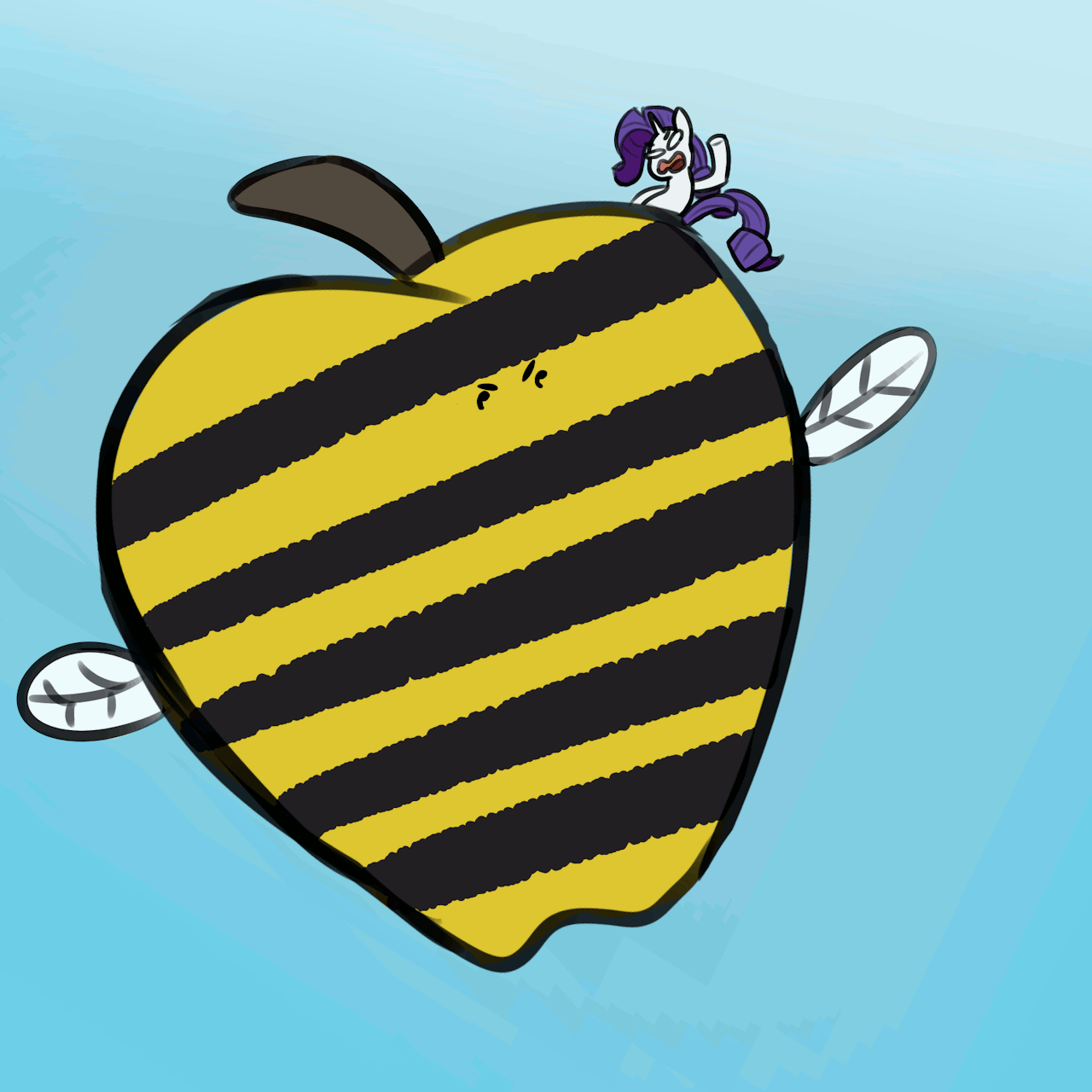 Size: 1280x1280 | Tagged: safe, artist:davierocket, character:rarity, species:pony, angry, animate object, animated, apple, bee wings, eyes closed, female, fight, food, giant apple, gif, mare, open mouth, pun, rarity fighting a giant applebee's, size difference, sky, visual gag, wat
