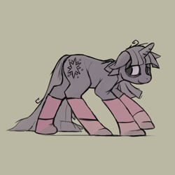 Size: 1167x1167 | Tagged: safe, artist:erijt, character:twilight sparkle, character:twilight sparkle (unicorn), species:pony, species:unicorn, clothing, cutie mark, female, floppy ears, hoof boots, lidded eyes, limited palette, mare, simple background, smiling, socks, solo, tired