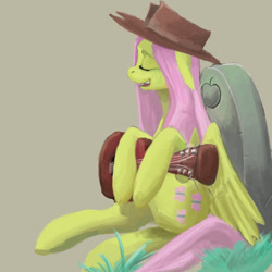 Size: 1280x1280 | Tagged: safe, artist:erijt, character:fluttershy, species:pegasus, species:pony, clothing, cowboy hat, cutie mark, eyes closed, female, floppy ears, gravestone, guitar, hat, implied death, mare, open mouth, simple background, sitting, solo