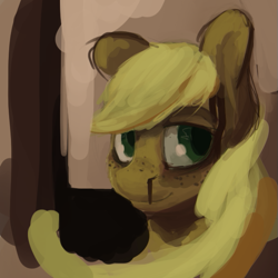 Size: 579x579 | Tagged: safe, artist:erijt, character:applejack, species:pony, blood, bust, female, lidded eyes, mare, missing accessory, nosebleed, solo
