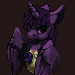 Size: 899x899 | Tagged: safe, artist:erijt, character:twilight sparkle, character:twilight sparkle (alicorn), species:alicorn, species:pony, armor, bust, eye clipping through hair, female, floppy ears, lidded eyes, looking at you, mare, simple background, solo